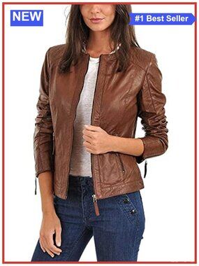 Women Real Leather Biker Motorcycle Jacket Moto Riding Coat